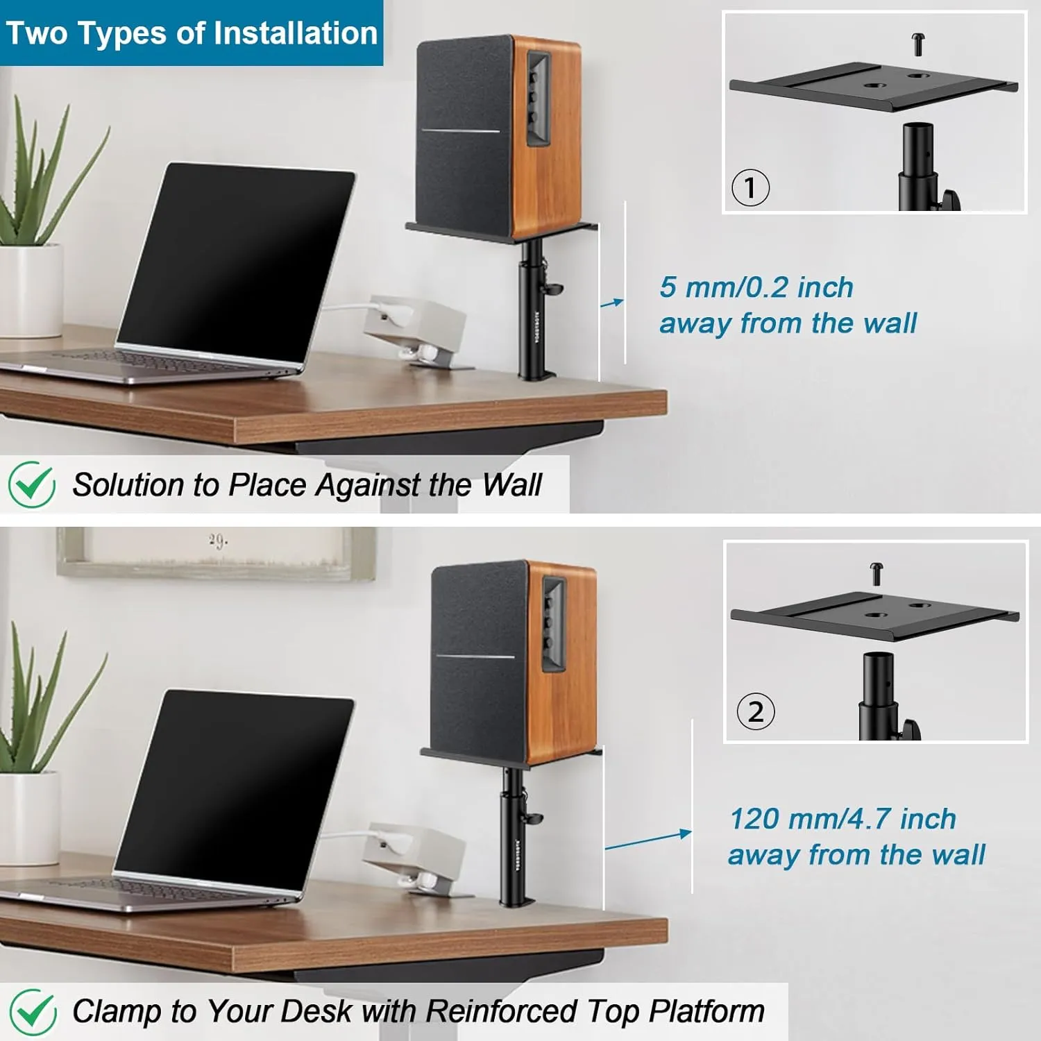 Set of 2 Studio Monitor Stands Desktop Clamp Speaker Stands Against The Wall
