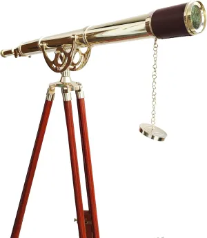 Shiny Brass Vintage Single Barrel Telescope Marine Brown Leather Sky Watcher Adjustable Wooden Stand Nautical Floor Standing Telescope