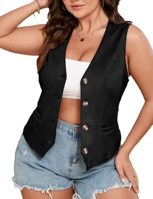 ShopWonder Womens Plus Size Button Vintage Vests Jacket V-Neck Faux Suede Cardigan Outerwear With Pockets