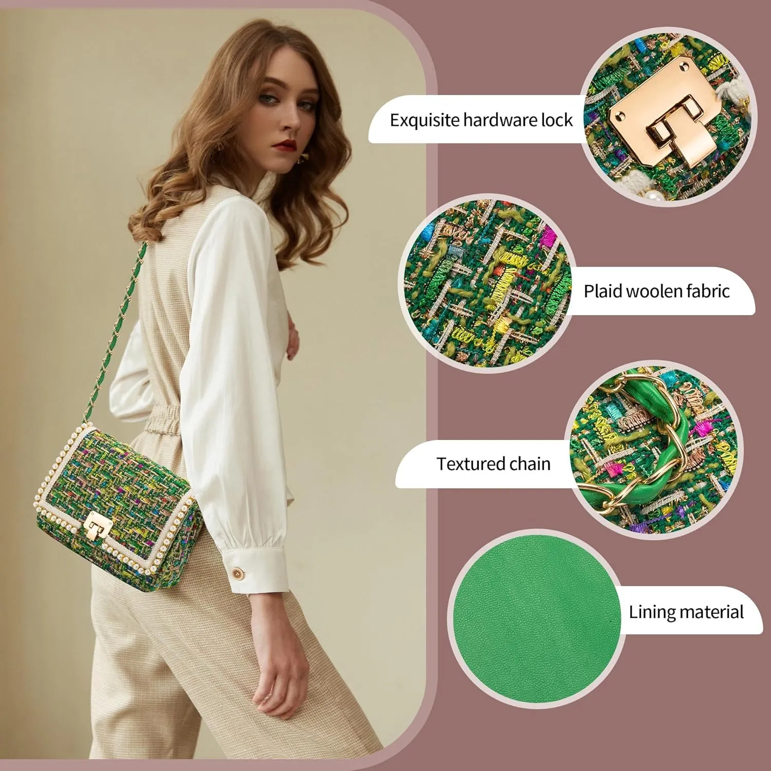 Shoulder Bag Chain Purse for Women, Fashion Clutch Crossbody Bag Retro Tweed Pearl Underarm Bag Square Satchel Handbag
