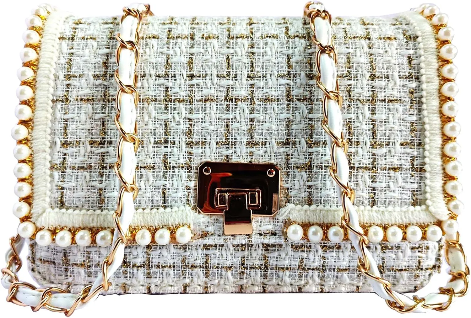 Shoulder Bag Chain Purse for Women, Fashion Clutch Crossbody Bag Retro Tweed Pearl Underarm Bag Square Satchel Handbag