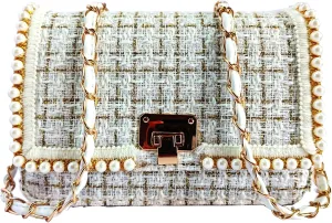 Shoulder Bag Chain Purse for Women, Fashion Clutch Crossbody Bag Retro Tweed Pearl Underarm Bag Square Satchel Handbag