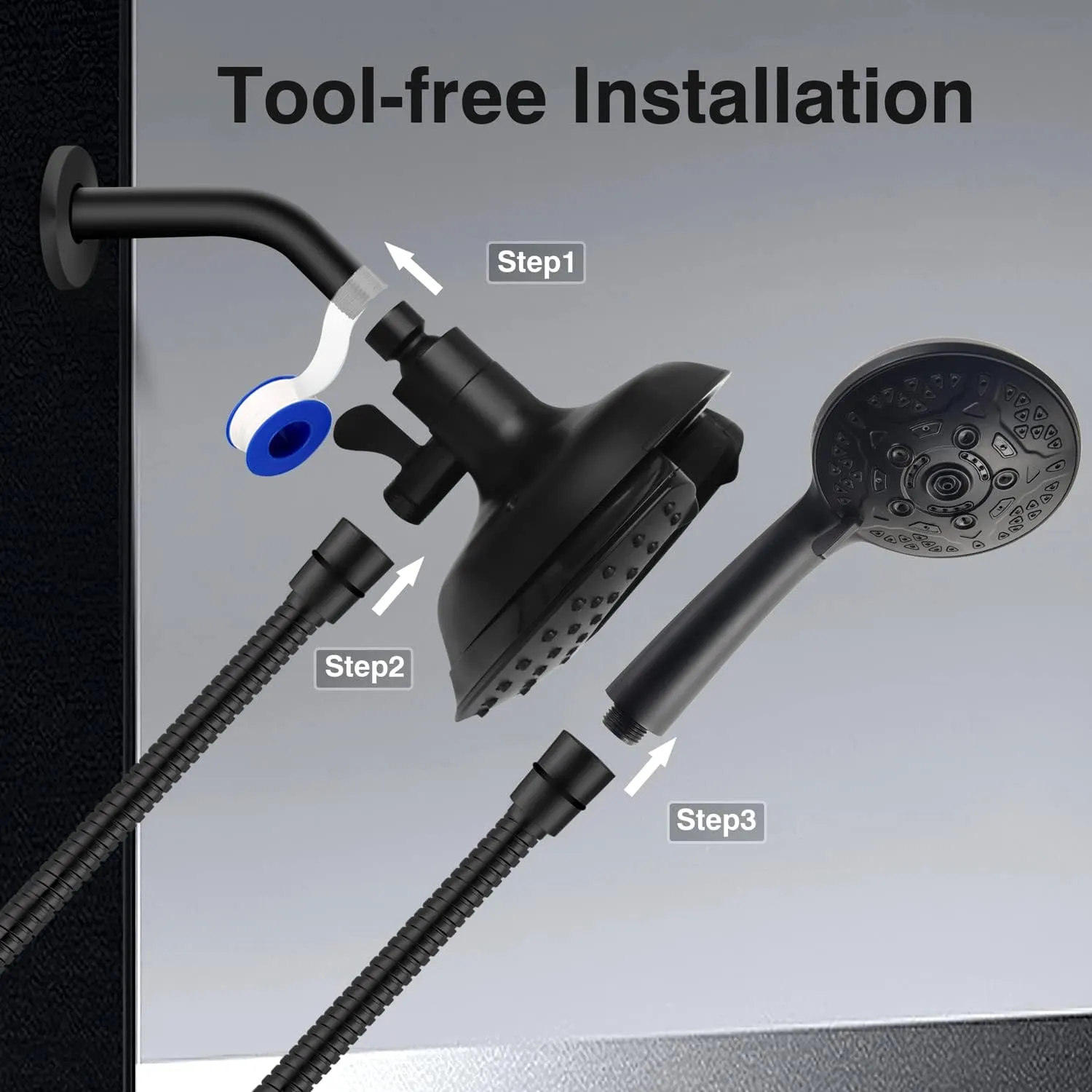 Shower Head with Handheld High Pressure: 2-IN-1 Shower Head with 7.2" Rainfall Shower & Handheld Shower Head with Hose Black, Shower Trim Systems