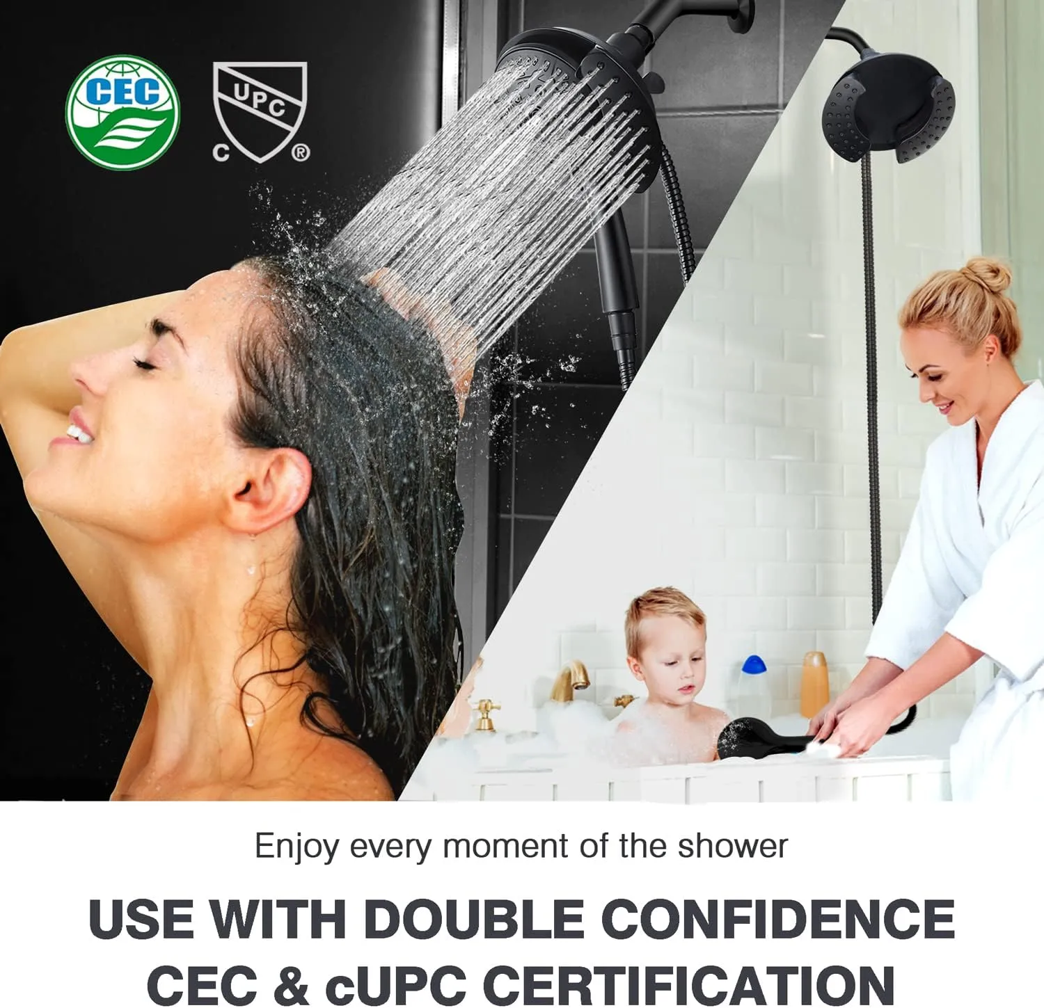 Shower Head with Handheld High Pressure: 2-IN-1 Shower Head with 7.2" Rainfall Shower & Handheld Shower Head with Hose Black, Shower Trim Systems