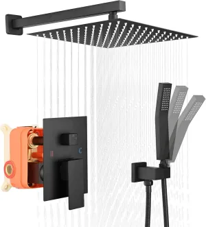 Shower System Matte Black with 12 Inches Rain Shower Head and Handheld Sprayer Wall Mounted Shower Fixture Set with Brass Shower Valve