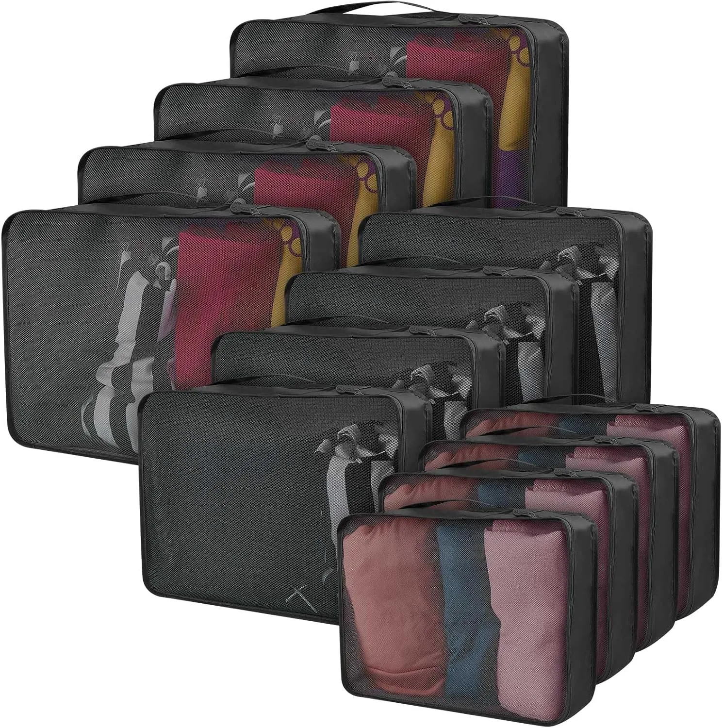 Silkfly 12 Pcs Packing Cubes for Suitcase Travel Luggage Bags Bulk Mesh Organizer Set for Hiking Camping Backpacking Clothes Accessories (Black,XL, L, M Size)