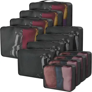 Silkfly 12 Pcs Packing Cubes for Suitcase Travel Luggage Bags Bulk Mesh Organizer Set for Hiking Camping Backpacking Clothes Accessories (Black,XL, L, M Size)
