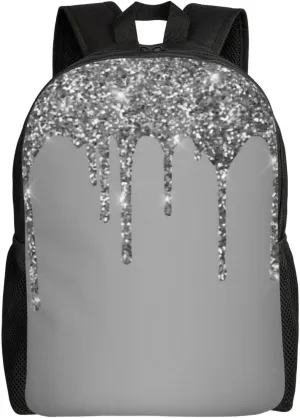 Silver Sparkle Glitter Drips Backpack – Water-Resistant Laptop Bag, 15" Compartment, Lightweight Unisex Daypack For Work & Travel