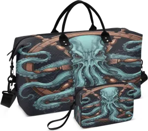 Sinestour Black Octopus Travel Duffel Bag for Men Women with Makeup Bag Weekend Overnight Carry On Bags for Workout Gym Traveling