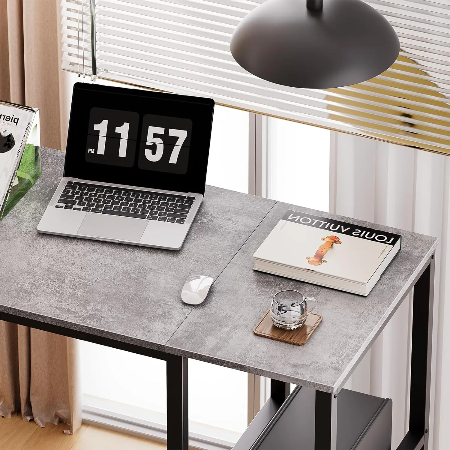 SINPAID Computer Desk 40 inches with 2-Tier Shelves Sturdy Home Office Desk with Large Storage Space Modern Gaming Desk Study Writing Laptop Table, Gray Desk