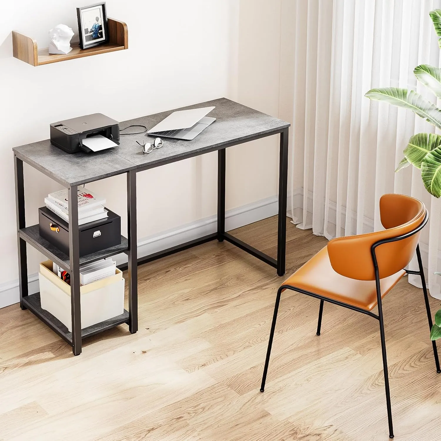 SINPAID Computer Desk 40 inches with 2-Tier Shelves Sturdy Home Office Desk with Large Storage Space Modern Gaming Desk Study Writing Laptop Table, Gray Desk