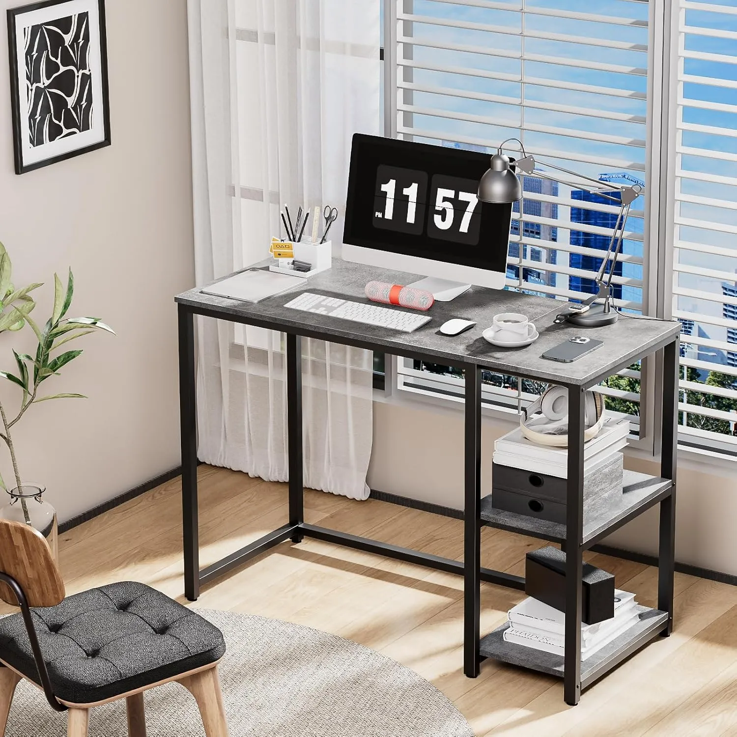 SINPAID Computer Desk 40 inches with 2-Tier Shelves Sturdy Home Office Desk with Large Storage Space Modern Gaming Desk Study Writing Laptop Table, Gray Desk
