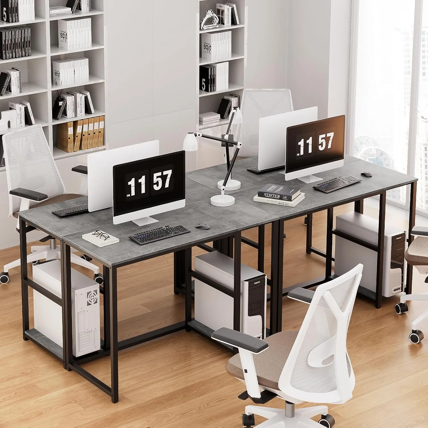 SINPAID Computer Desk 40 inches with 2-Tier Shelves Sturdy Home Office Desk with Large Storage Space Modern Gaming Desk Study Writing Laptop Table, Gray Desk