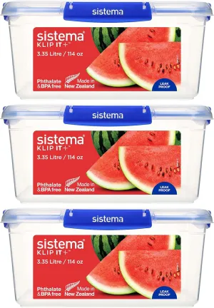 Sistema KLIP IT PLUS Food Storage Containers | 3.35 L | Leak-Proof, Stackable & Airtight Fridge/Freezer Containers with Lids | BPA-Free Plastic | Blue Clips | 3 Count