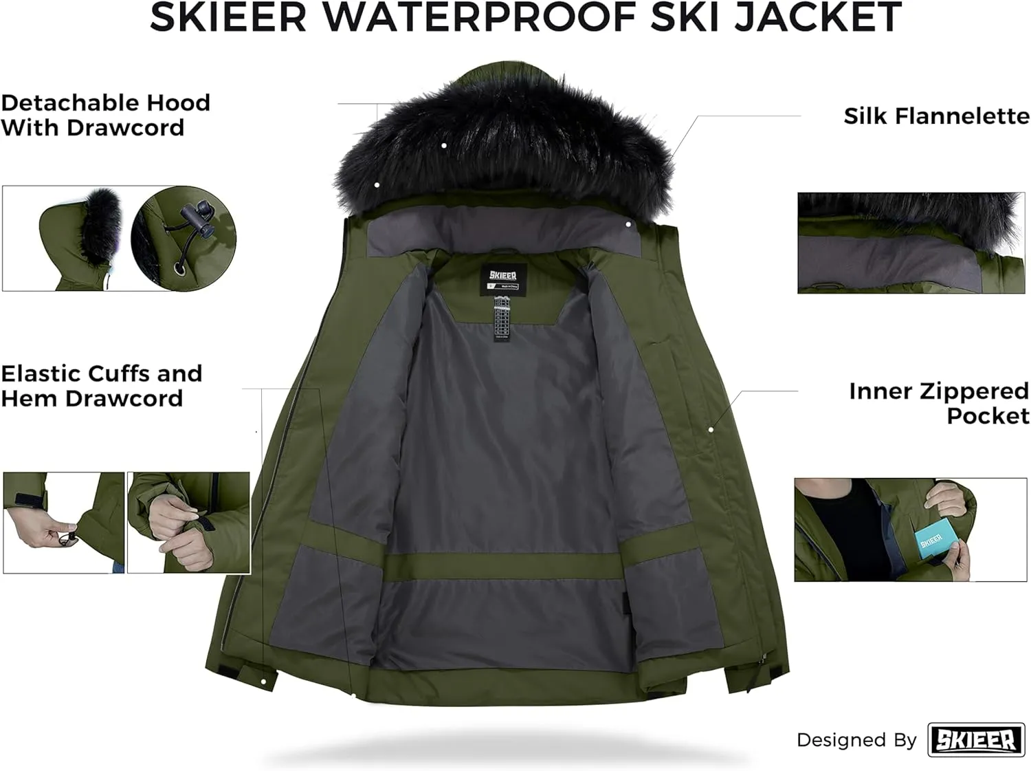 Skieer Women's Waterproof Ski Jacket Warm Puffer Jacket Thick Hooded Winter Coat