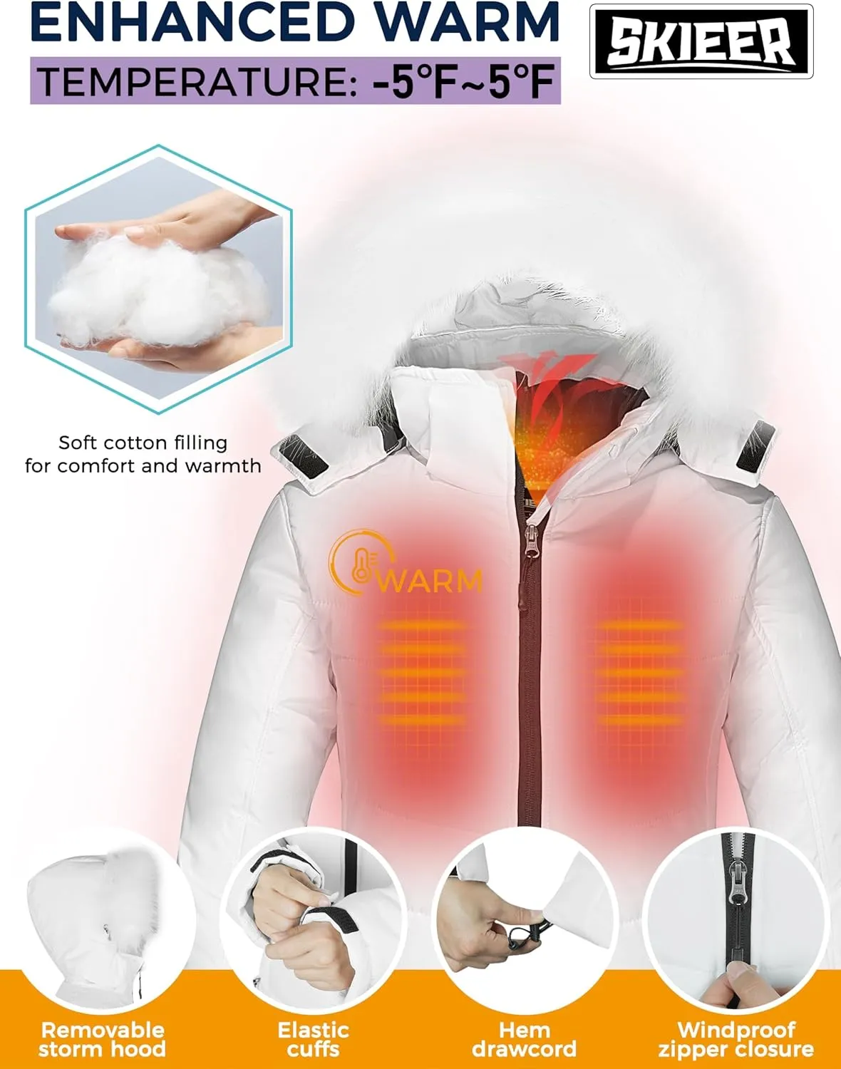 Skieer Women's Waterproof Ski Jacket Warm Puffer Jacket Thick Hooded Winter Coat