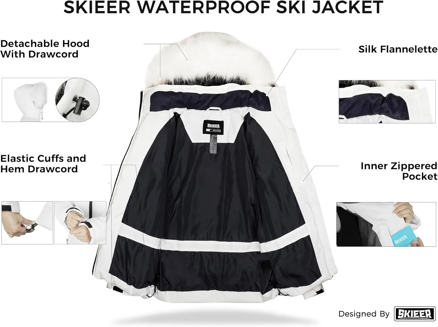 Skieer Women's Waterproof Ski Jacket Warm Puffer Jacket Thick Hooded Winter Coat
