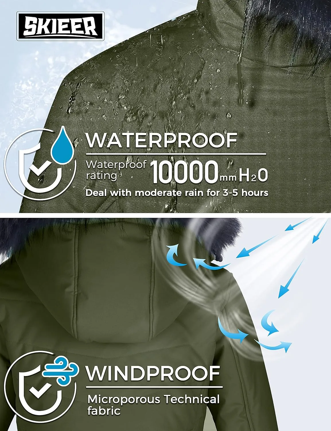 Skieer Women's Waterproof Ski Jacket Warm Puffer Jacket Thick Hooded Winter Coat