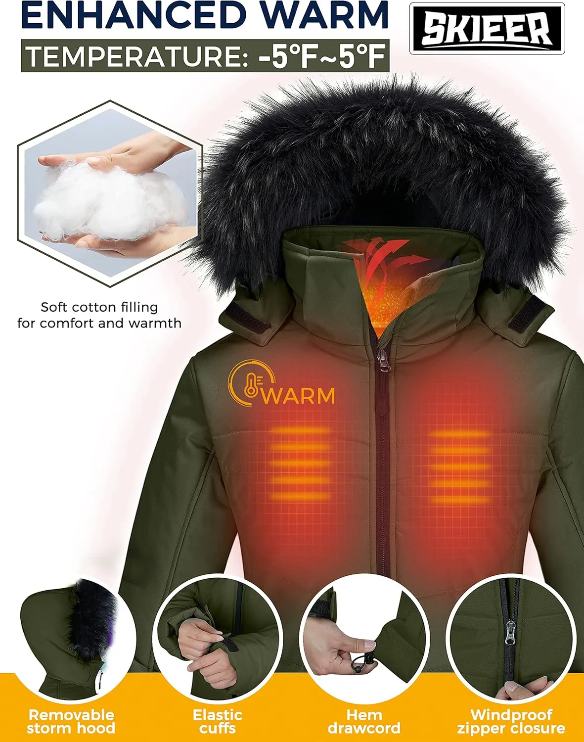 Skieer Women's Waterproof Ski Jacket Warm Puffer Jacket Thick Hooded Winter Coat