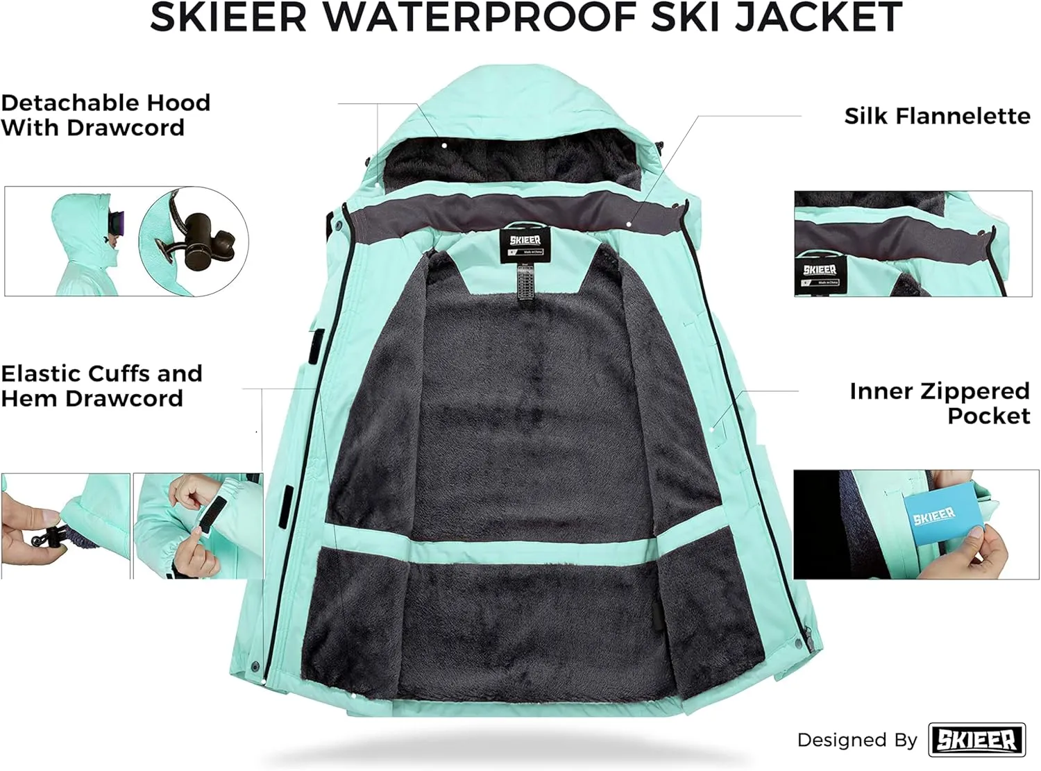 Skieer Women's Waterproof Ski Jacket Warm Winter Coat Fleece Snowboarding Coat
