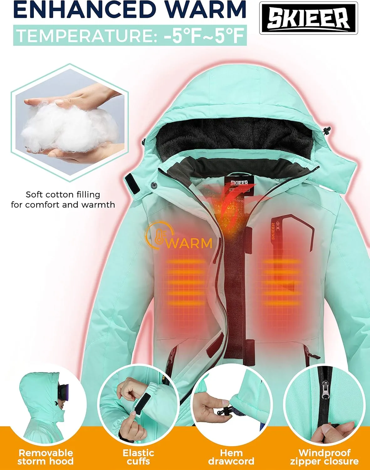 Skieer Women's Waterproof Ski Jacket Warm Winter Coat Fleece Snowboarding Coat