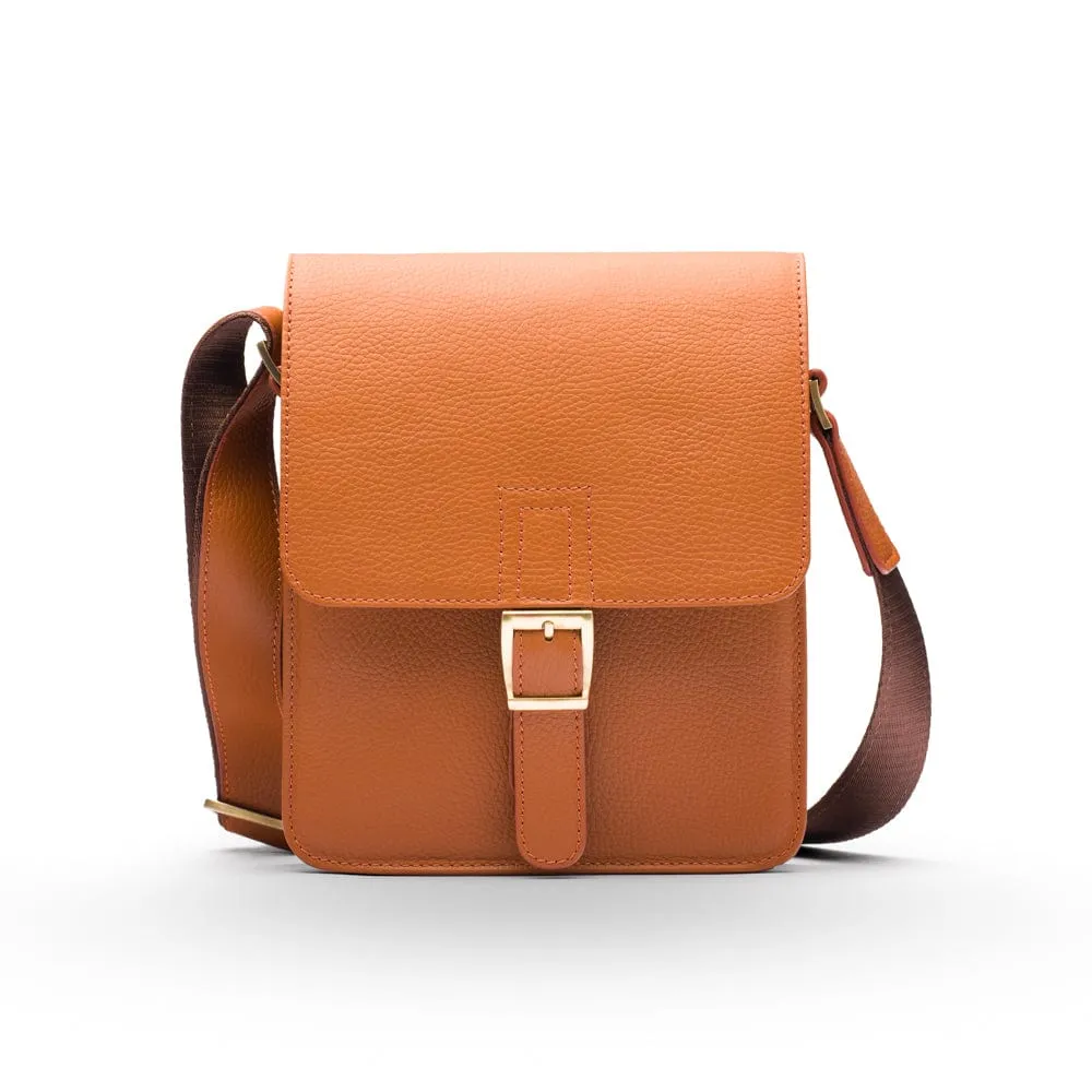 Small Leather Messenger Bag With Buckle - Tan
