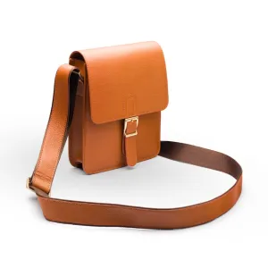 Small Leather Messenger Bag With Buckle - Tan