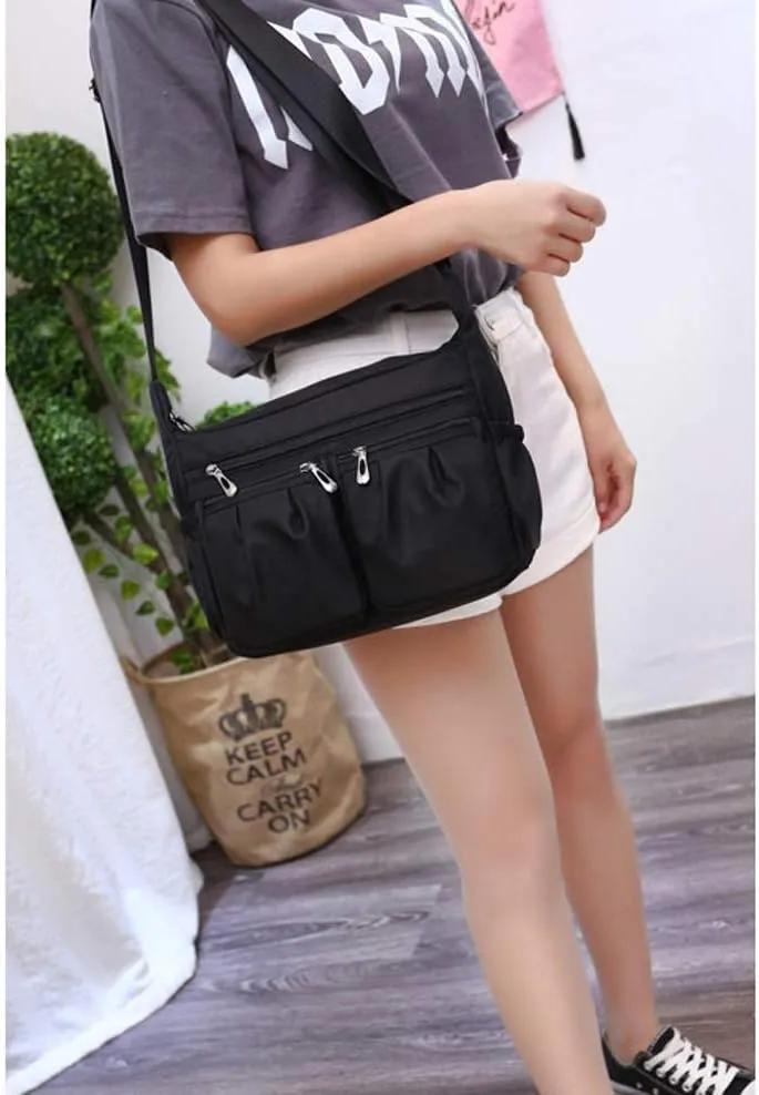 Small Messenger Bag, Nylon Waterproof Shoulder Bag Lightweight Travel Organizer Bag Multi-Pocket Purse for Women