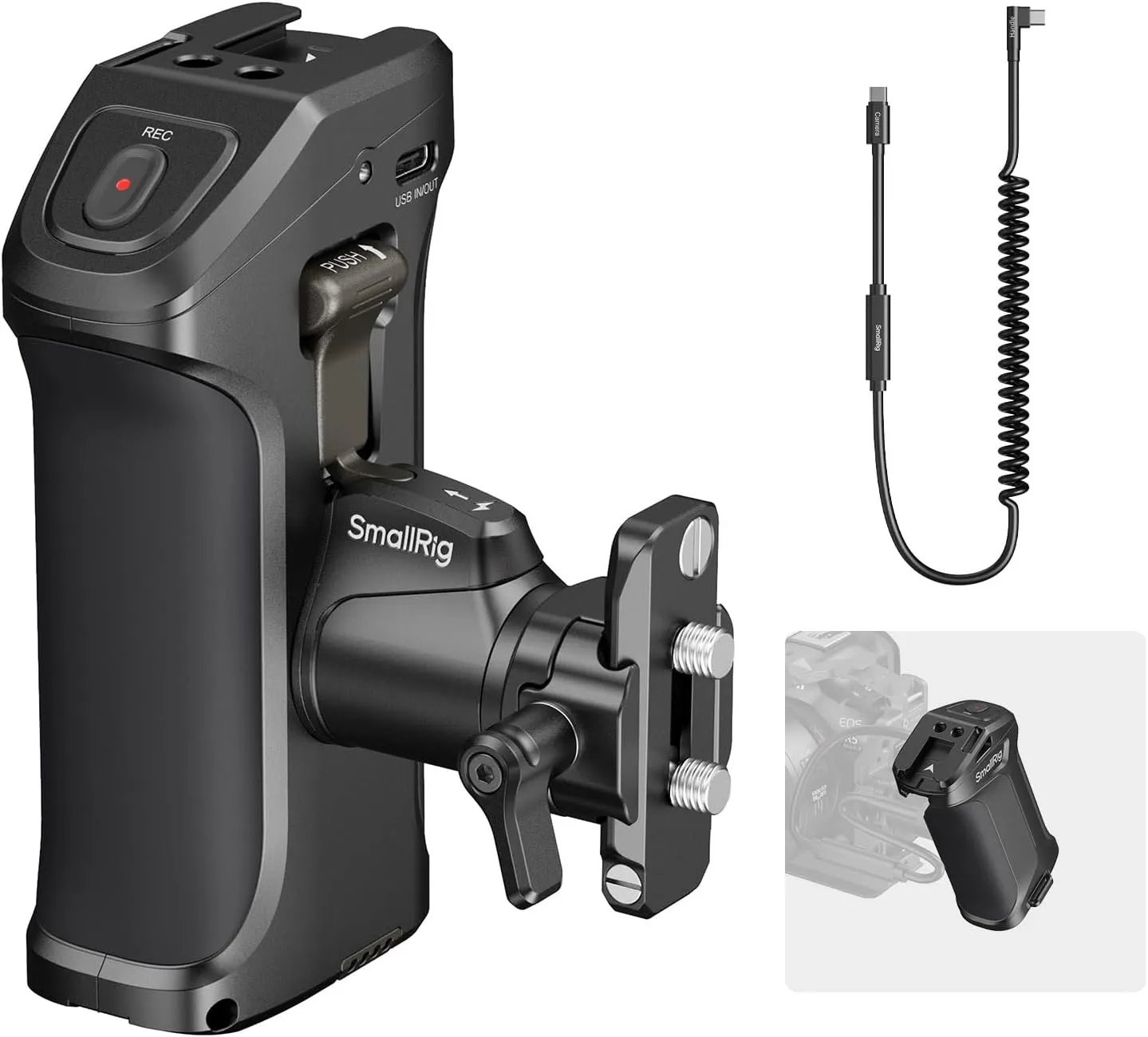 SmallRig Stepless Rotating Side Handle with Trigger REC & 2 Cables for Canon R50 V / R5 II / R5 / R6 / R6 II, for Blackmagic BMPCC 4K / 6K / 6K Pro, USB-C Power Output for Cameras, PD Fast Charging