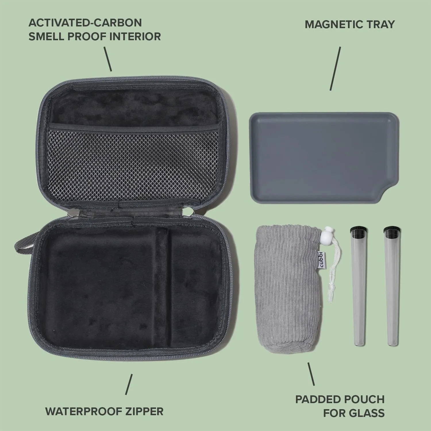Smell Proof Bag and Organizer - Includes Tray and Accessories - Odor Proof Travel Storage Case and Medicine Lock Box - Great Gift - Cubbi Go (Grey)