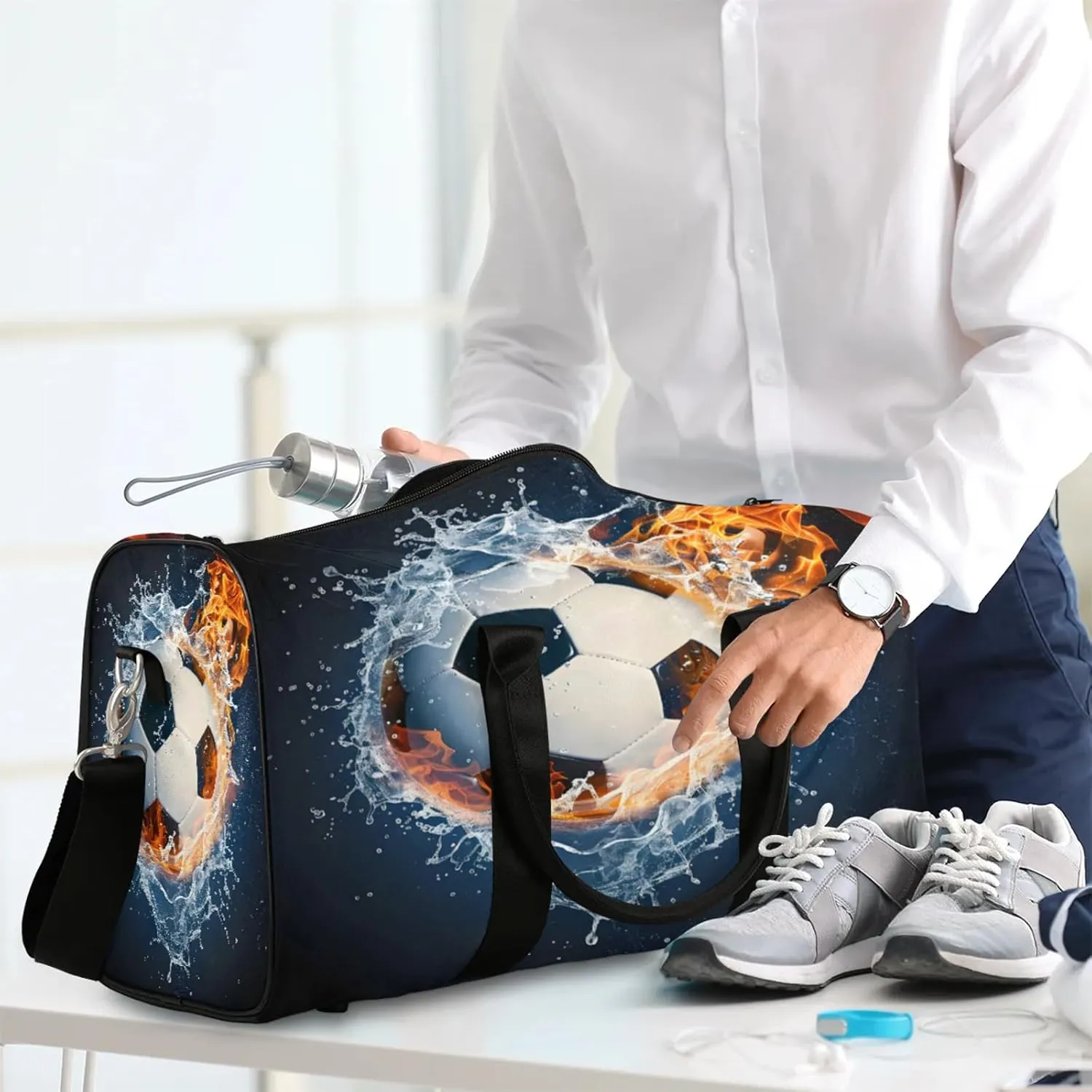 Soccer Ball On Fire And Water Travel Bag for Men Women, Gym Duffle Bags for Travel, Carry On Luggage Bag, Weekender Overnight Workout Bags