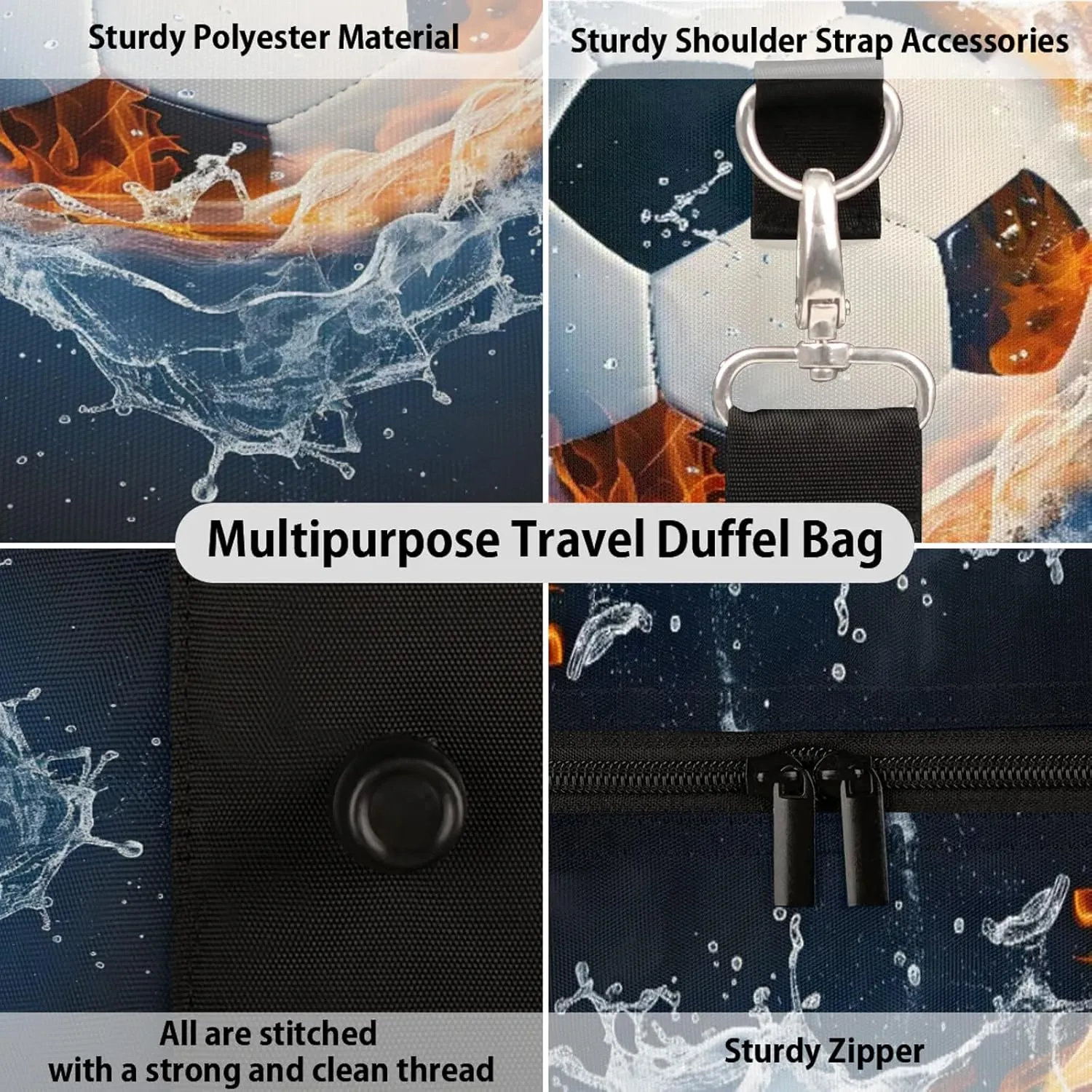 Soccer Ball On Fire And Water Travel Bag for Men Women, Gym Duffle Bags for Travel, Carry On Luggage Bag, Weekender Overnight Workout Bags