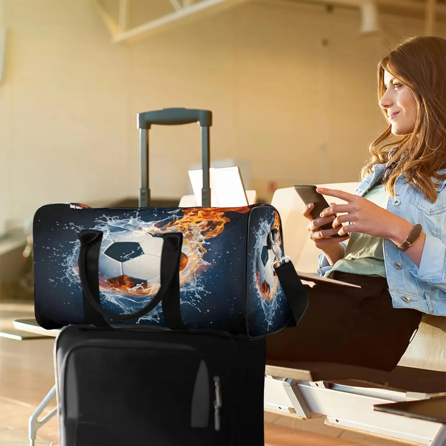 Soccer Ball On Fire And Water Travel Bag for Men Women, Gym Duffle Bags for Travel, Carry On Luggage Bag, Weekender Overnight Workout Bags
