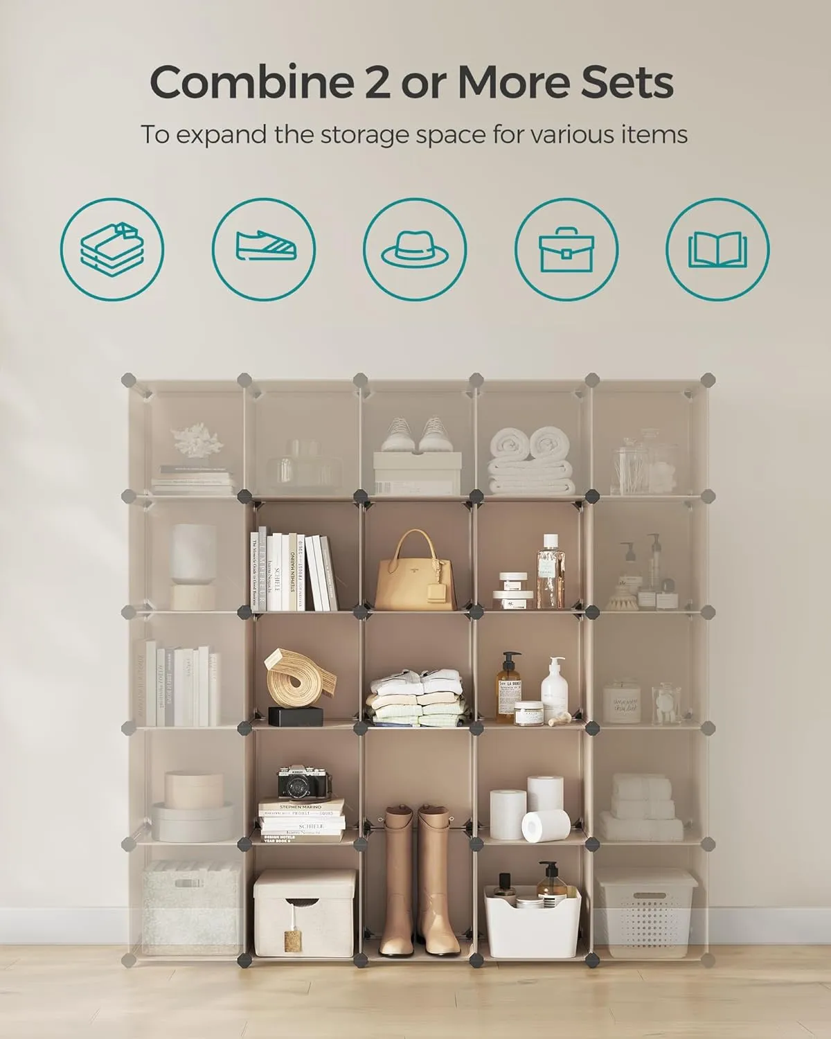 SONGMICS Cube Storage Organizer, Set of 16 Plastic Cubes, Book Shelf, Closet Organizers and Storage, Room Organization, Bedroom Living Room, 12.2 x 48.4 x 48.4 Inches, Camel Brown ULPC442K01