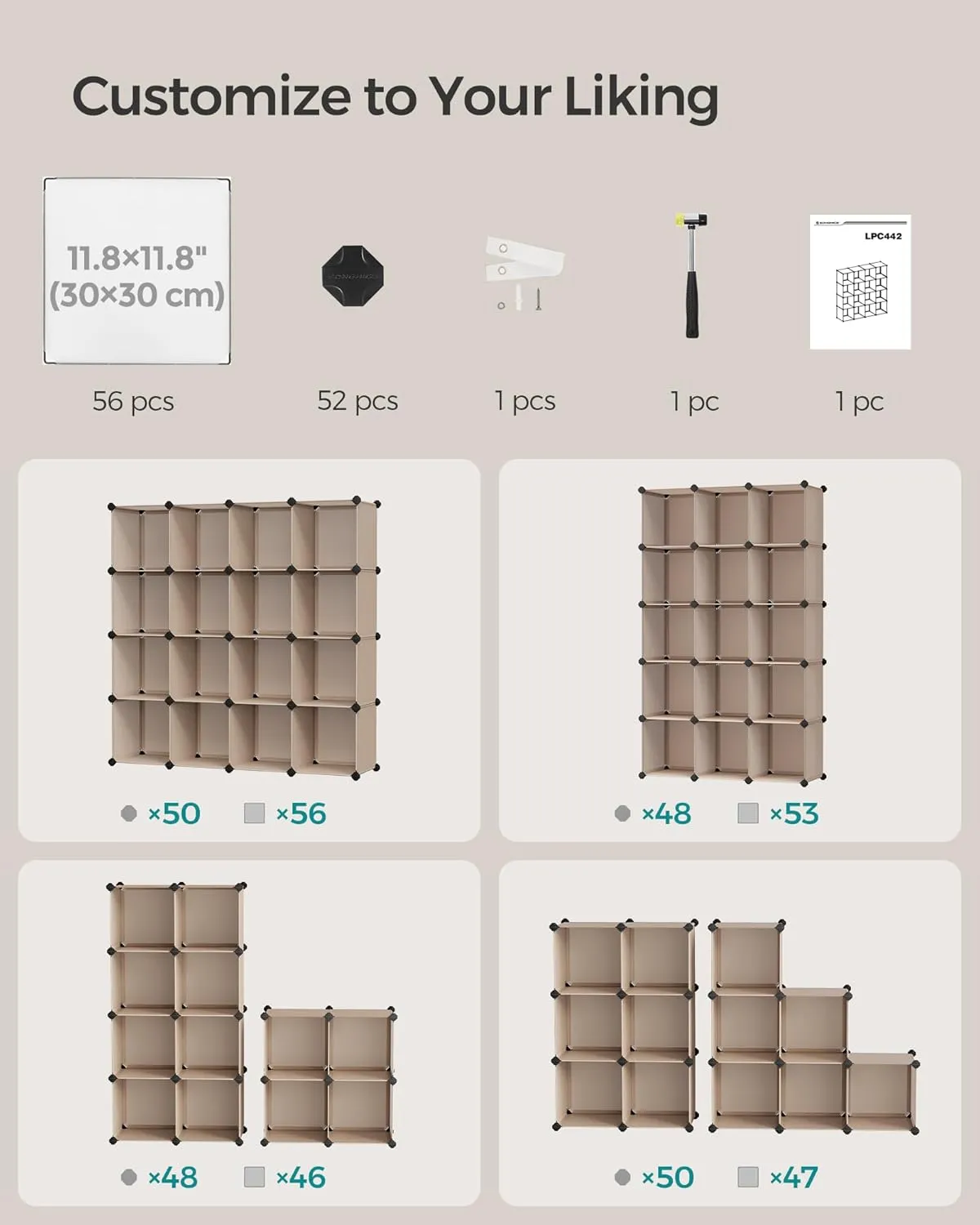 SONGMICS Cube Storage Organizer, Set of 16 Plastic Cubes, Book Shelf, Closet Organizers and Storage, Room Organization, Bedroom Living Room, 12.2 x 48.4 x 48.4 Inches, Camel Brown ULPC442K01