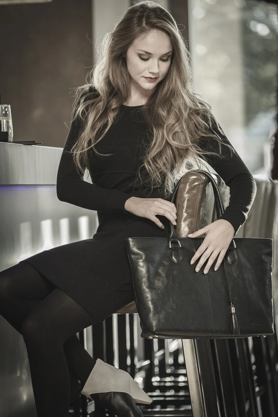 Sophie Black Leather Womens 15" Laptop Tote
