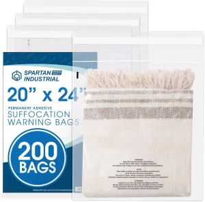 Spartan Industrial - 20" X 24" (200 Count) Self-Seal Clear Poly Bags With Suffocation Warning for Packaging, Bedding, Costumes - Permanent Adhesive