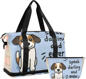 Speak Darling and Enter Cartoon Cute Funny White Dog Duffel Bag Travel Overnight Carry on Bag with Adjustable Strap for Workout Large Capacity
