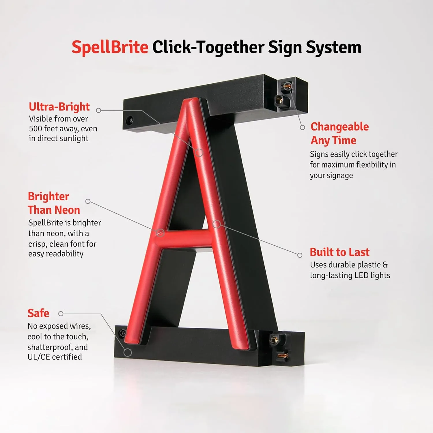 SpellBrite Custom Signs for Business | Custom Neon Sign Look, LED Light Source | Changeable 6.3" LED Letters (1 row, 9 characters)