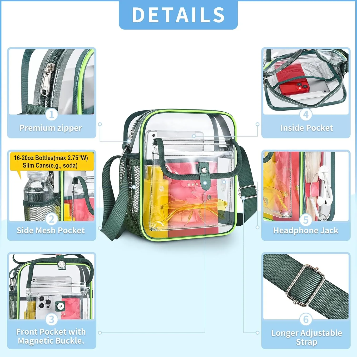 SPODEARS Clear Crossbody Bag for Stadium Events & Concerts - Adjustable Shoulder Strap Purse with 1 Bottle Holder