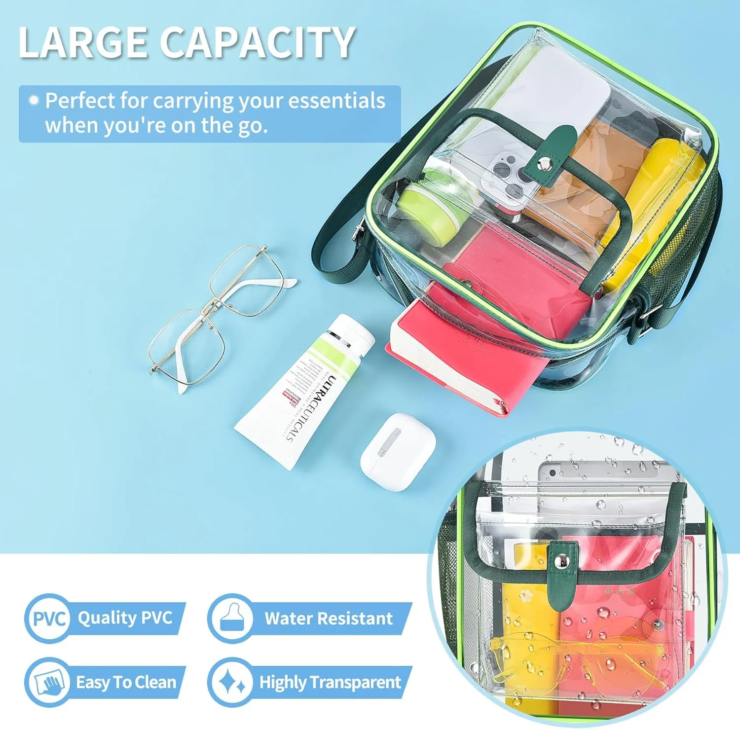SPODEARS Clear Crossbody Bag for Stadium Events & Concerts - Adjustable Shoulder Strap Purse with 1 Bottle Holder