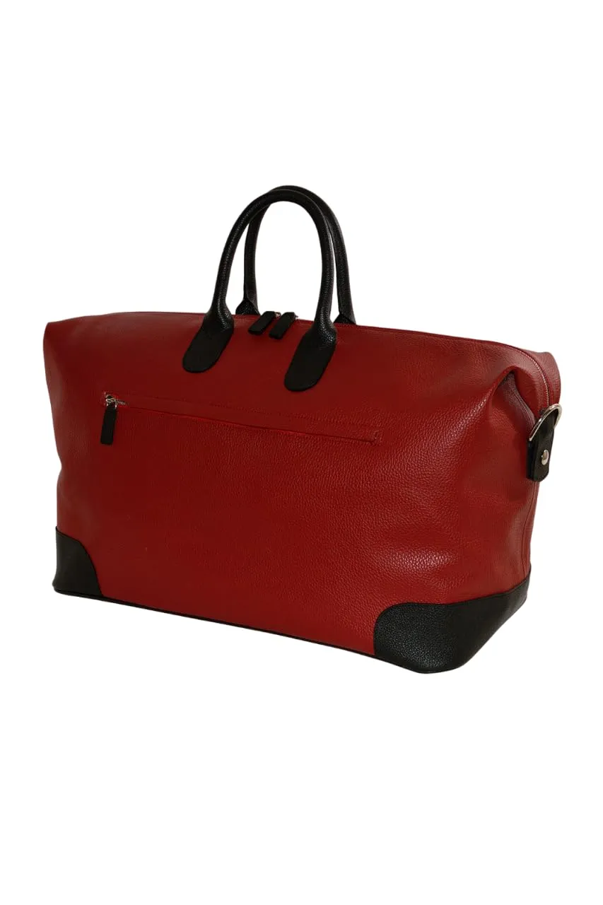 Sport Leather Duffle Bag 038 | Handmade to Order in Italy, Soft Pebble-Grain LEather | Luxury Travel Duffel Bag (Red/Black)