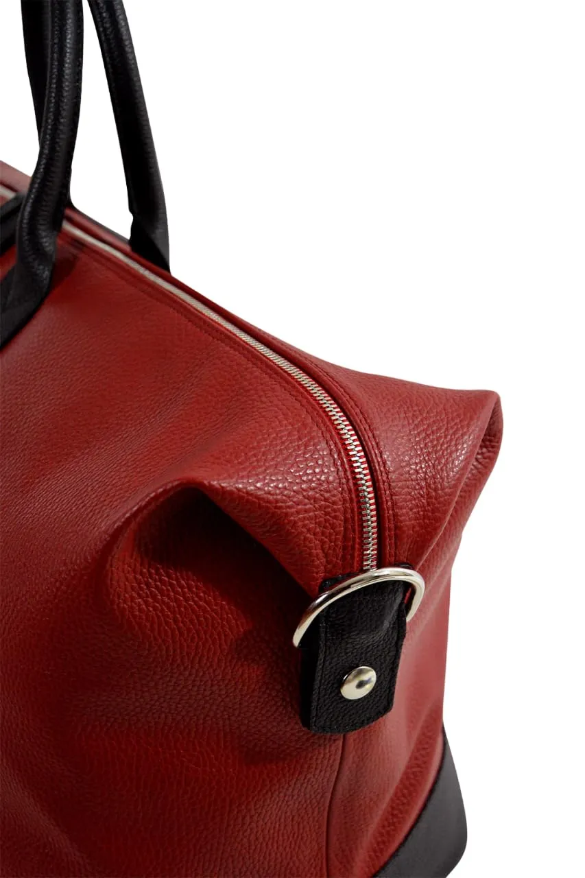 Sport Leather Duffle Bag 038 | Handmade to Order in Italy, Soft Pebble-Grain LEather | Luxury Travel Duffel Bag (Red/Black)