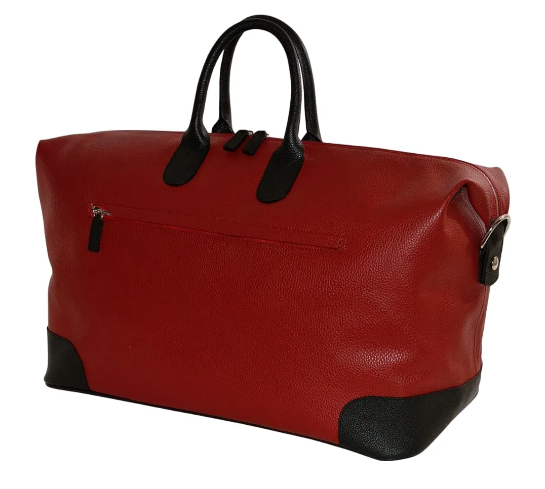Sport Leather Duffle Bag 038 | Handmade to Order in Italy, Soft Pebble-Grain LEather | Luxury Travel Duffel Bag (Red/Black)