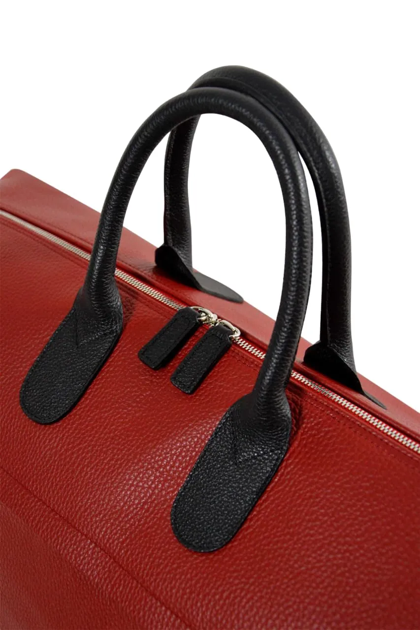 Sport Leather Duffle Bag 038 | Handmade to Order in Italy, Soft Pebble-Grain LEather | Luxury Travel Duffel Bag (Red/Black)