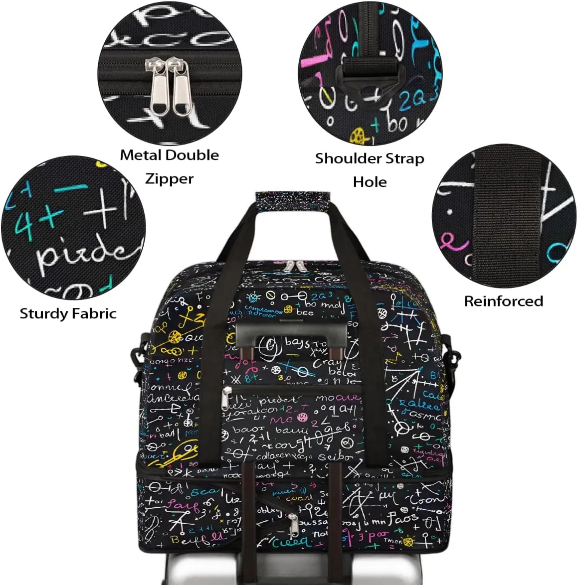 Sports Gym Bag Characters Mathematics Numbers Large Travel Duffel Bag With Shoe Compartment Foldable Waterproof Carry-On Weekend Travel Bags for Camping Overnight Yoga Hospital Travel Bags