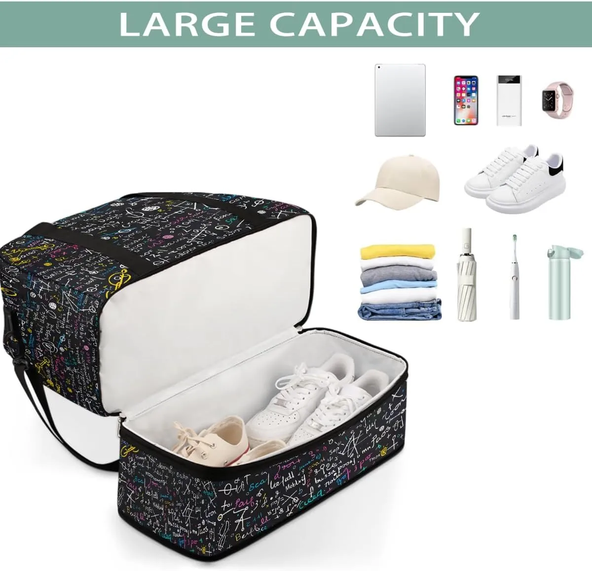 Sports Gym Bag Characters Mathematics Numbers Large Travel Duffel Bag With Shoe Compartment Foldable Waterproof Carry-On Weekend Travel Bags for Camping Overnight Yoga Hospital Travel Bags