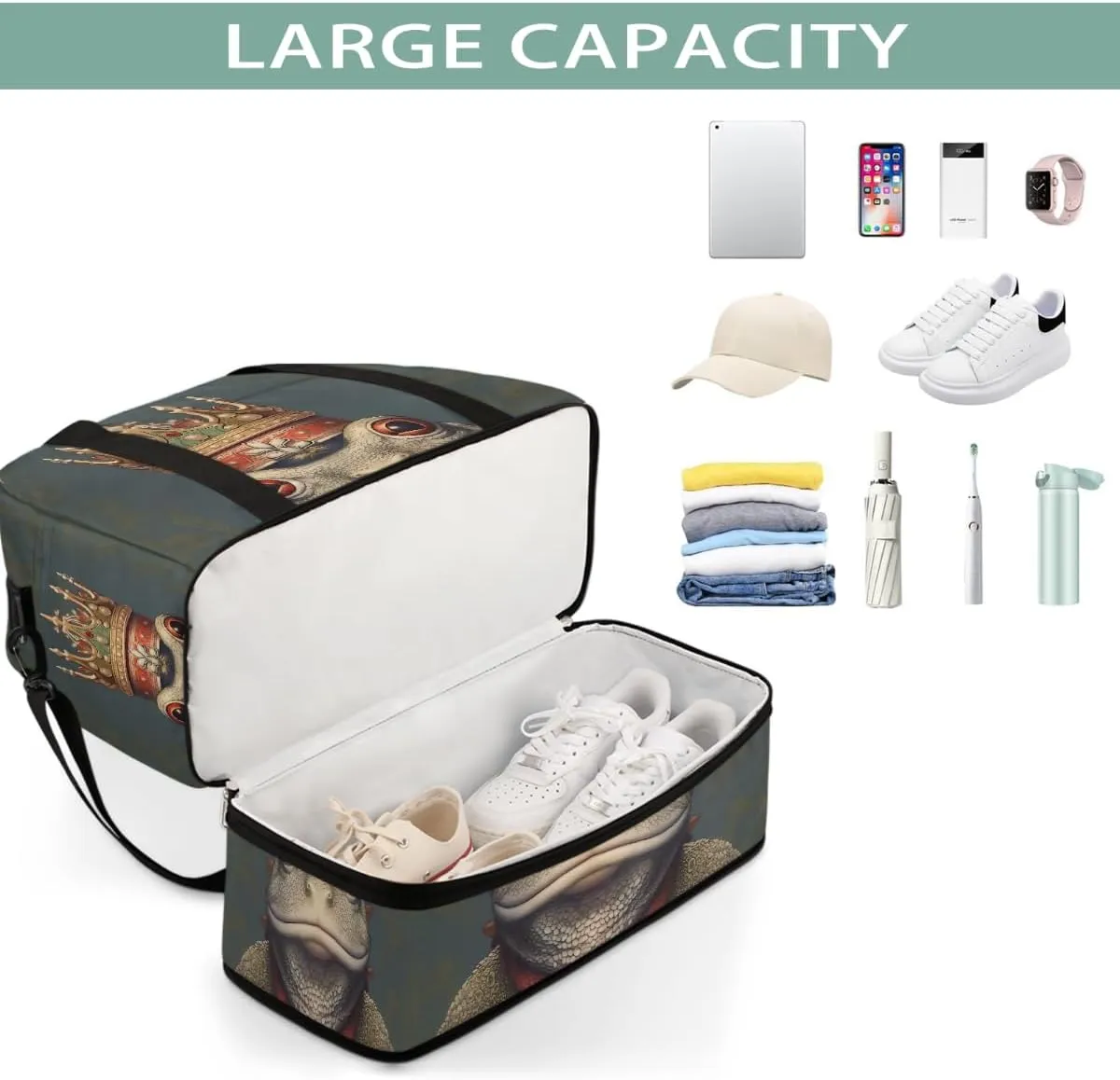 Sports Gym Bag Crown Frog Retro Large Travel Duffel Bag With Shoe Compartment Foldable Waterproof Carry-On Weekend Travel Bags for Camping Overnight Yoga Hospital Travel Bags