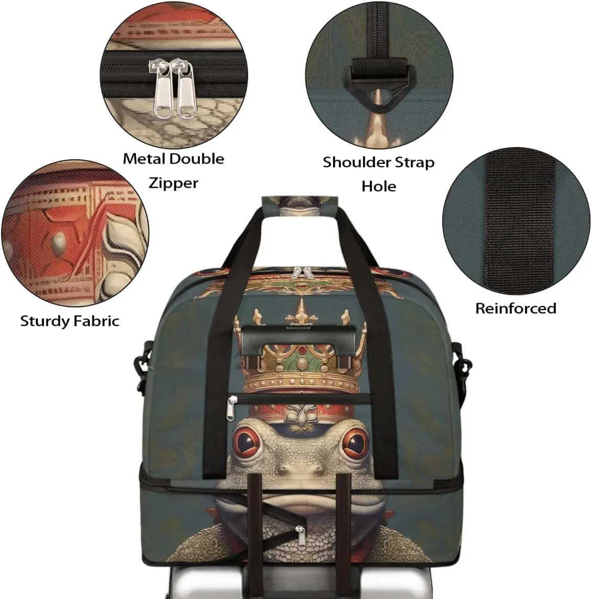 Sports Gym Bag Crown Frog Retro Large Travel Duffel Bag With Shoe Compartment Foldable Waterproof Carry-On Weekend Travel Bags for Camping Overnight Yoga Hospital Travel Bags