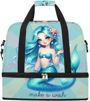 Sports Gym Bag Mermaid Text Cute Large Travel Duffel Bag With Shoe Compartment Foldable Waterproof Carry-On Weekend Travel Bags for Camping Overnight Yoga Hospital Travel Bags